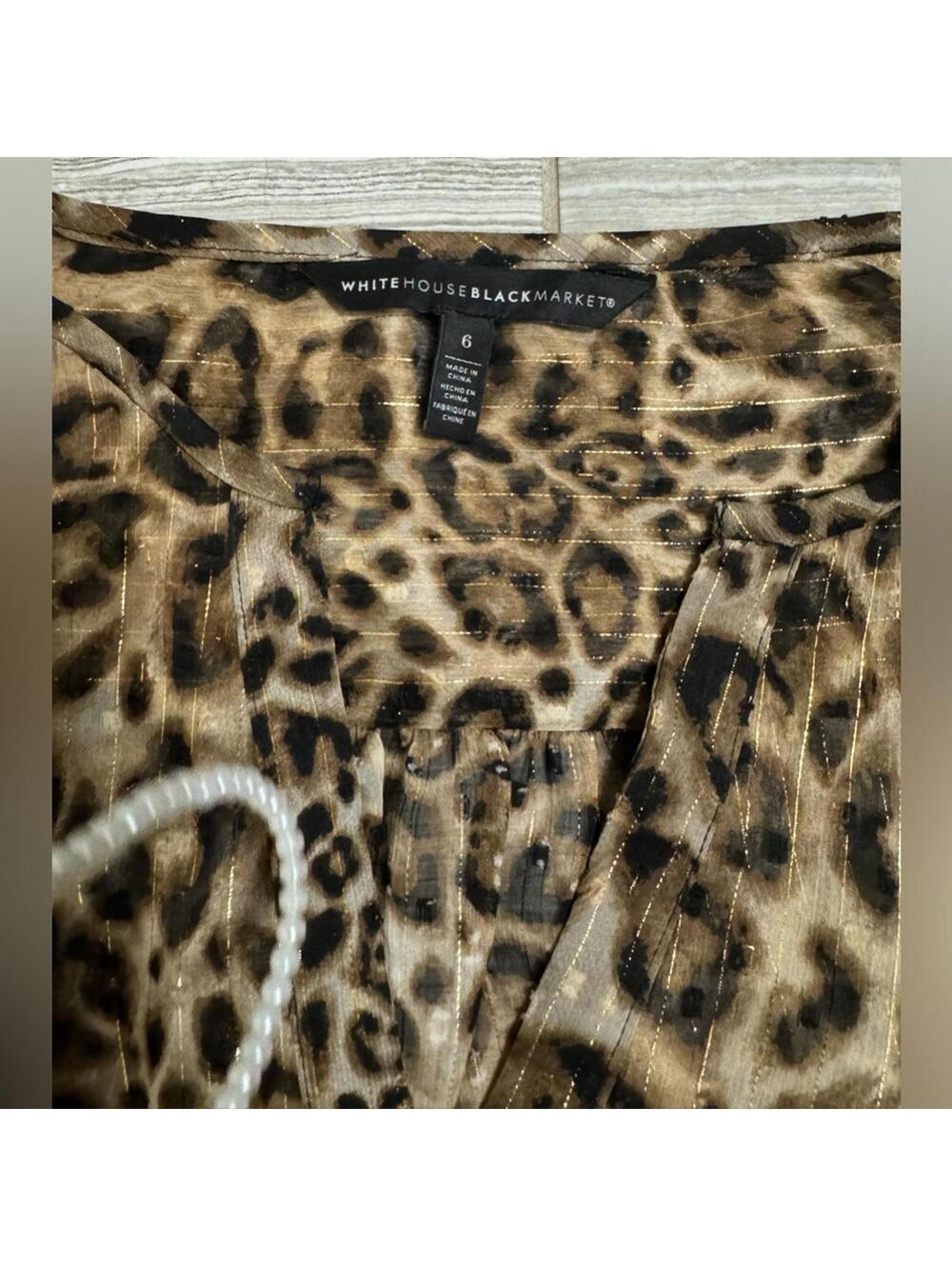 White House Black Market Brown Leopard Metallic V-neck Long Sleeve Dress- Size 6 - Picture 5 of 7
